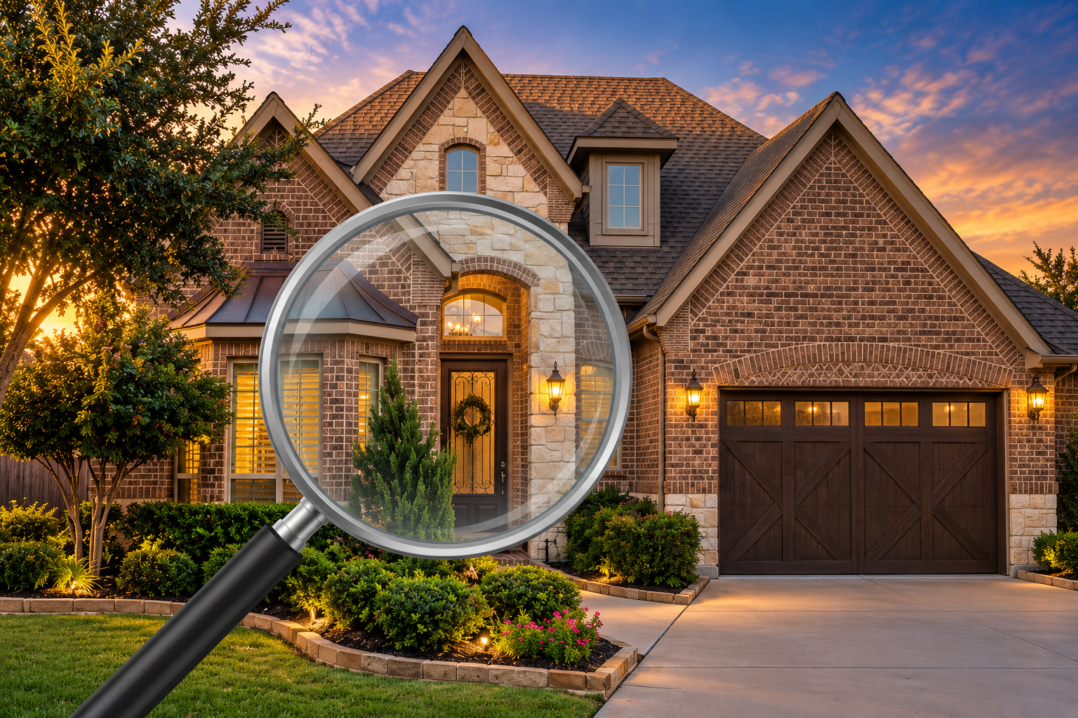 A magnifying glass takes a closer look at a brick-and-stone home at dusk